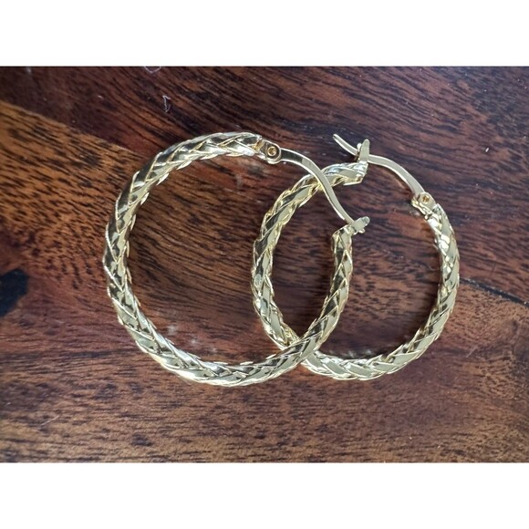 14K Solid Gold Weave 30mm Pattern Hoop Earrings for Women - Picture 8 of 10